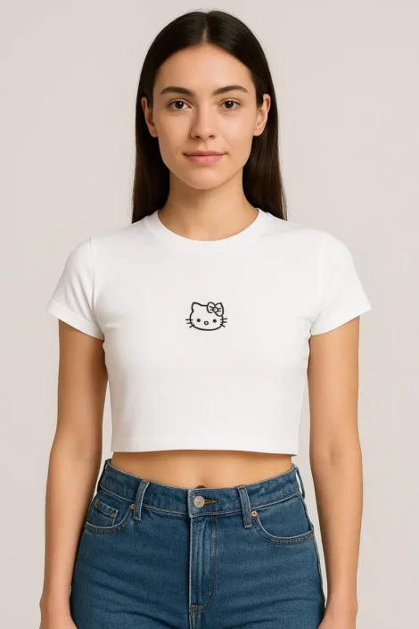 Hello Kitty Baskılı Beyaz Crop